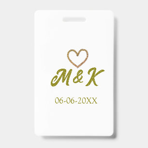 Golden heart wedding couple name letter modern ID badge
