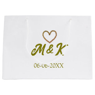 Golden heart wedding couple name letter modern large gift bag