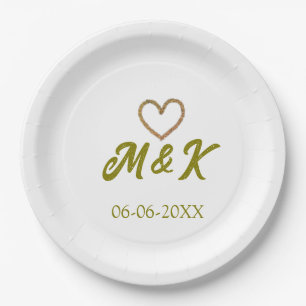 Golden heart wedding couple name letter modern paper plate
