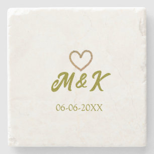 Golden heart wedding couple name letter modern stone coaster
