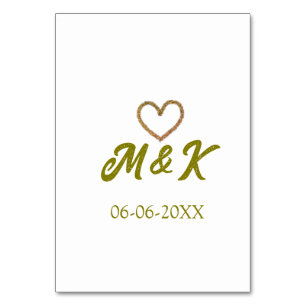 Golden heart wedding couple name letter modern table number