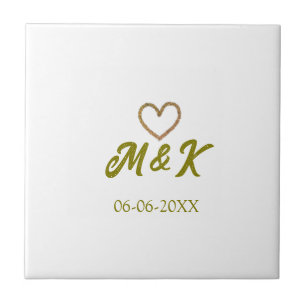 Golden heart wedding couple name letter modern tile