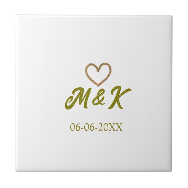 Golden heart wedding couple name letter modern  tile (Front)