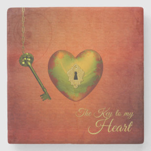 Golden Heart with Key - Marble Stone Coaster