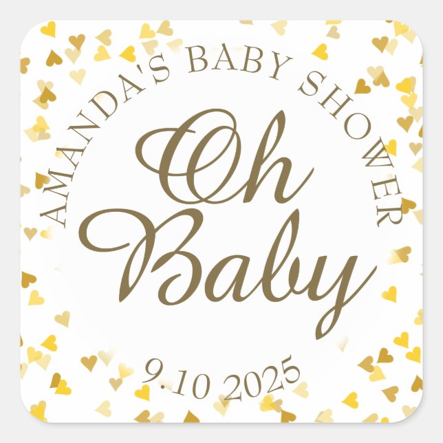 Golden Hearts Oh Baby Shower Favour Square Sticker (Front)