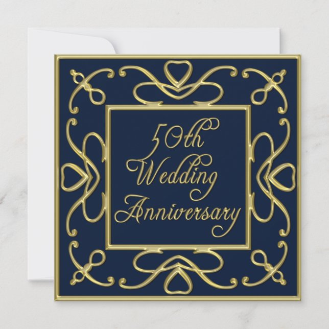 Golden Hearts On Blue 50th Wedding Anniversary Invitation (Front)