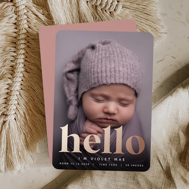 Golden Hello | Rose Gold Foil Birth Announcement (Creator Uploaded)