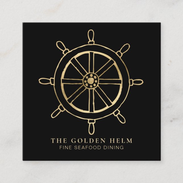 *~* Golden Helm Fine Dining by The Sea BLACK Gold Square Business Card (Front)