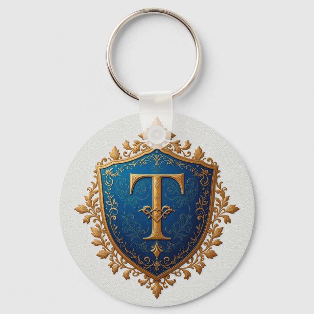 Golden Heraldic Shield Letter T Royal Monogram ✨ Key Ring (Front)