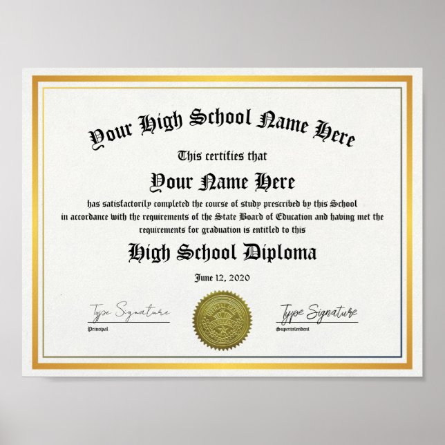 Golden High School graduate Diploma, GED Poster (Front)