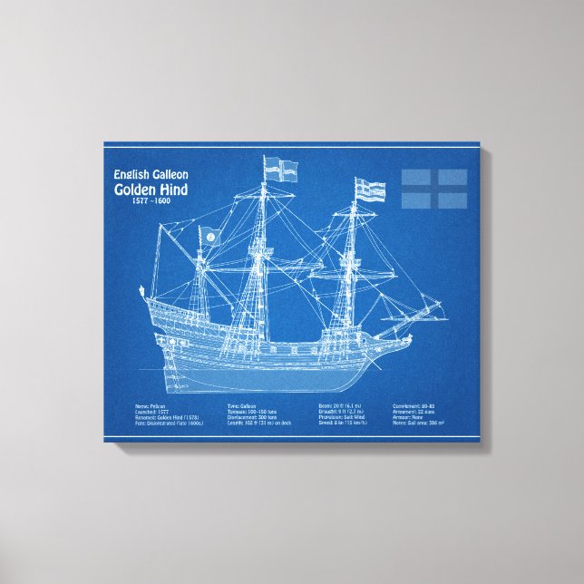 Golden Hind - Ship Blueprint Plans ABD Canvas Print (Front)