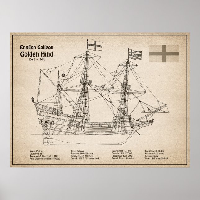 Golden Hind - Ship Blueprint Plans SD Poster (Front)