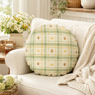 Golden Hive Meadow Sage Plaid Honeybee Round Cushion