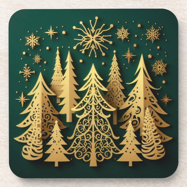 Golden Holiday Forest – Christmas Tree Pattern Coaster (Front)