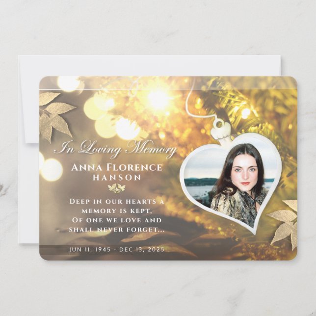 Golden Holiday Heart Photo Sympathy Thank You Card (Front)