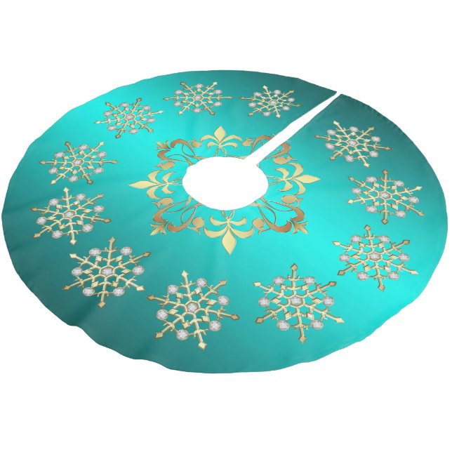 Golden Holiday Snowflakes Teal Brushed Polyester Tree Skirt (Angled)