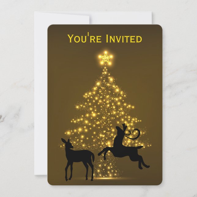 Golden Holiday Tree with Silhouette Deer Wedding Invitation (Front)