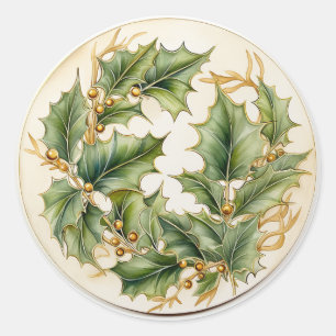 Golden Holly Berries & Leaves Classic Round Sticker