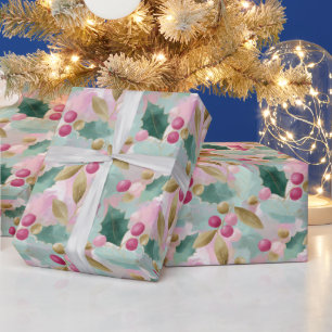 Golden Holly & Berry Botanical Christmas Pattern Wrapping Paper