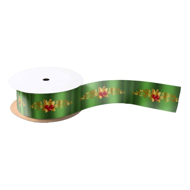 Golden Holly on Green Christmas Satin Ribbon (Spool)
