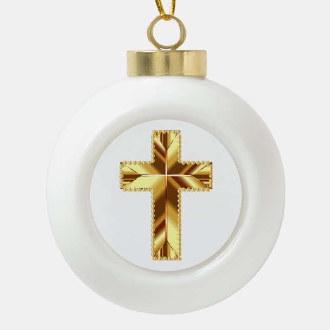 GOLDEN HOLY CROSS CERAMIC BALL CHRISTMAS ORNAMENT (Front)