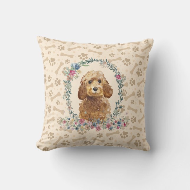 Golden Honey Cockapoo Dog Paw Print & Floral Cute Cushion (Front)