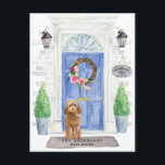 Golden Honey Cockapoo Moving Announcement Postcard<br><div class="desc">Announce your new address with our stylish announcement featuring a Golden Honey Cockapoo,  blue front door,  welcome mat,  slate sign,  topiaries and a floral wreath set on a grey brick background.</div>