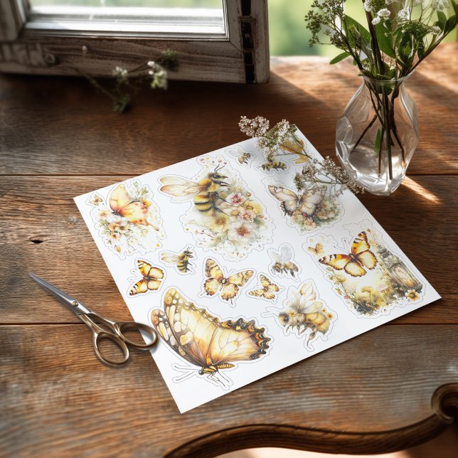 Golden Honey Fairy World – 3c Bees and Butterflies (Sticker with butterfiles and bees on the table ready to be used)