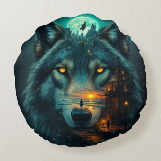 Golden Honey Wings & Wolf Round Cushion (Back)