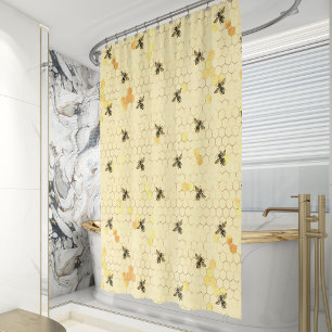 Golden Honeybee Honeycomb Pattern Shower Curtain