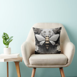 Golden Honeybee on Floral Canvas Cushion
