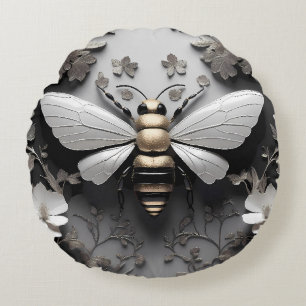 Golden Honeybee on Floral Canvas Round Cushion