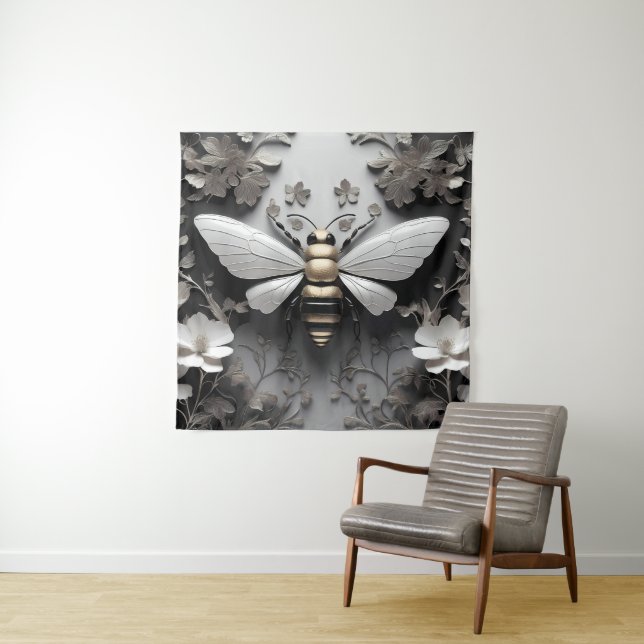 Golden Honeybee on Floral Canvas Tapestry (In Situ)