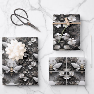 Golden Honeybee on Floral Canvas Wrapping Paper Sheet