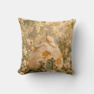 Golden Honeycomb Bee House Floral Woodland Cushion