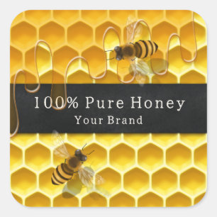 Golden Honeycomb & Honey Flying Bees Custom Text Square Sticker
