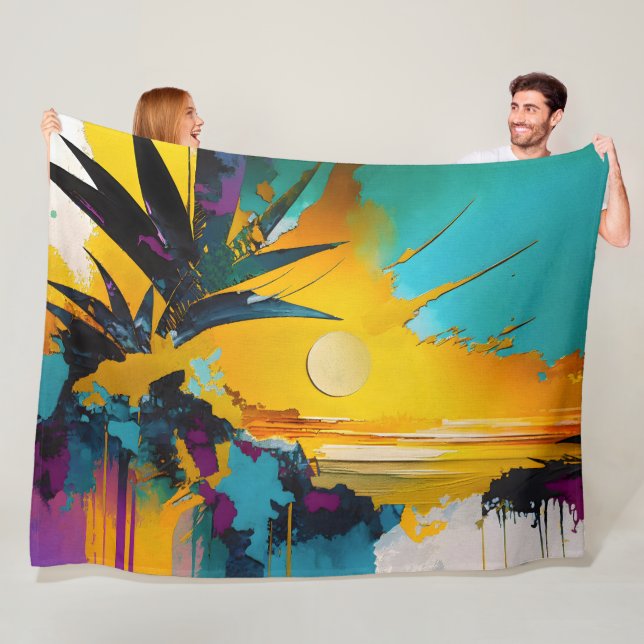 Golden Horizon – Abstract Tropical Sunset Fleece Blanket (In Situ)