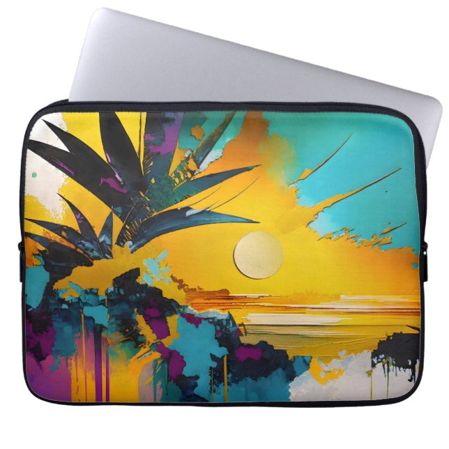 Golden Horizon – Abstract Tropical Sunset Laptop Sleeve (Front)