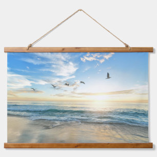 Golden Horizon – Peaceful Beach Sunrise Hanging Tapestry