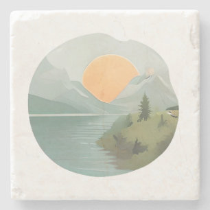 Golden Horizon: Sunset by the Lake Stone Coaster