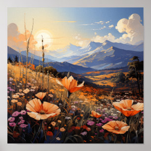 Golden Horizon Wildflower Field and Mountain Poster