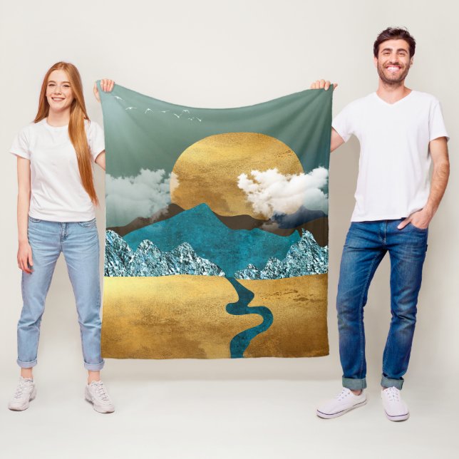 Golden Horizon with Blue Mountains Fleece Blanket (In Situ)