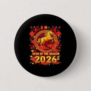 Golden Horse Chinese New Year 2026 Dragon Zodiac W 6 Cm Round Badge