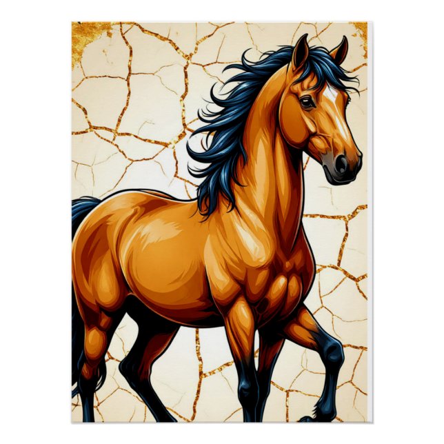 Golden Horse With Flowing Black Mane Poster (Front)