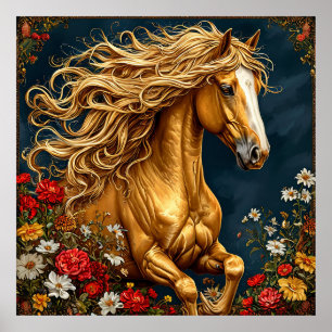 Golden Horse with Flowing Mane Poster