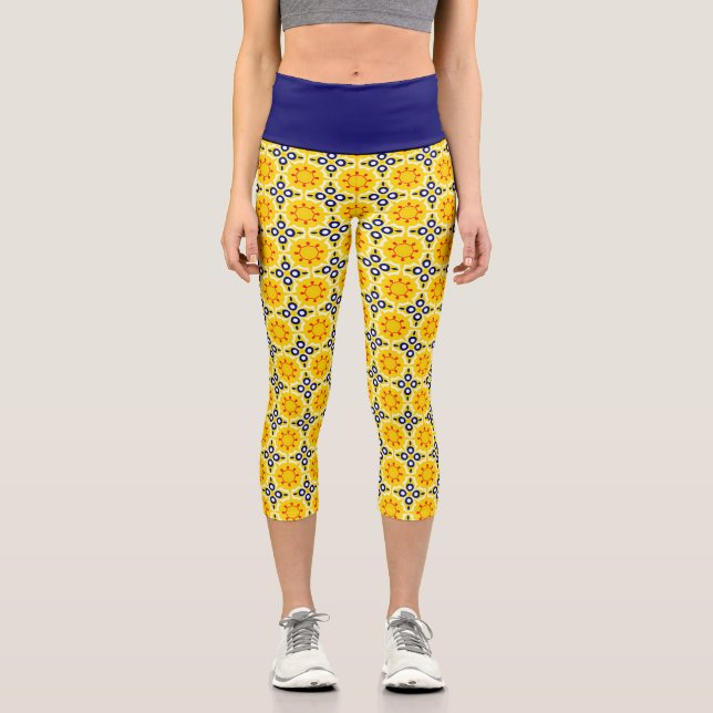 Golden hour by the sea: Golden Yellow & Navy Blue  Capri Leggings (Front)