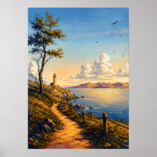 Golden Hour Coastal Lighthouse Landscape Poster