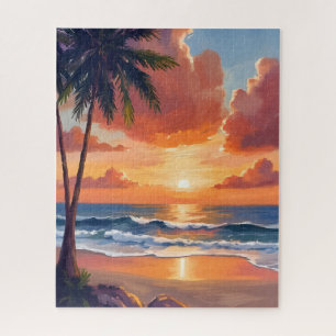 Golden Hour Cove   Tropical Ocean Watercolor Jigsaw Puzzle