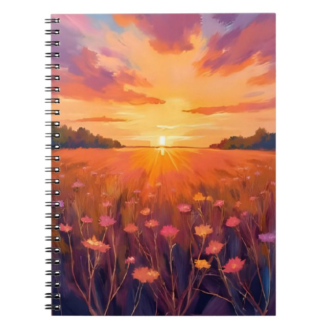 Golden Hour Flower Field Watercolor Sunset Notebook (Front)
