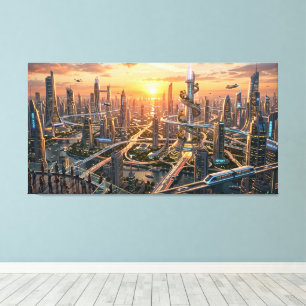 Golden Hour Futuristic Cityscape – Sci-Fi Canvas Print